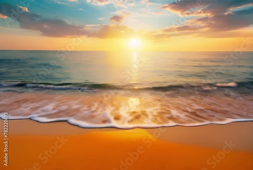 A tranquil beach scene at sunset with a radiant sun dipping into the ocean horizon, casting a warm glow on the water. photo