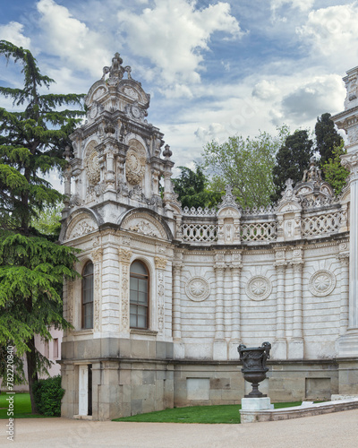 Gate s tower at former Ottoman Dolmabahce Palace  or Dolmabahce Sarayi  suited in Ciragan Street  Besiktas district  Istanbul  Turkey. View from the internal court