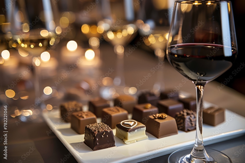 Exquisite selection of fine chocolates paired with red and white wine, captured in ambient light for a luxury feel..