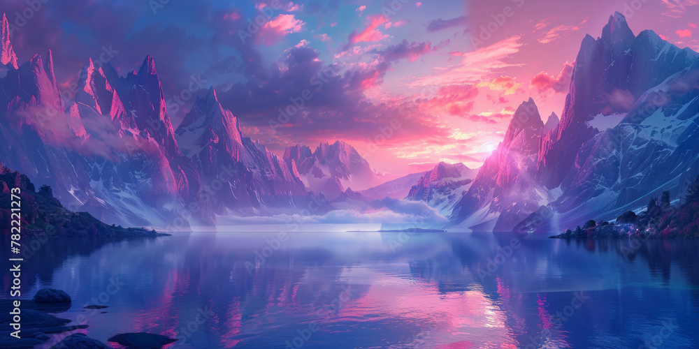 Fototapeta premium Surreal Mountain Landscape at Twilight with Vibrant Sky Reflections