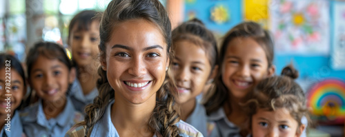 Smiling Teacher with Students in Colorful Classroom Setting