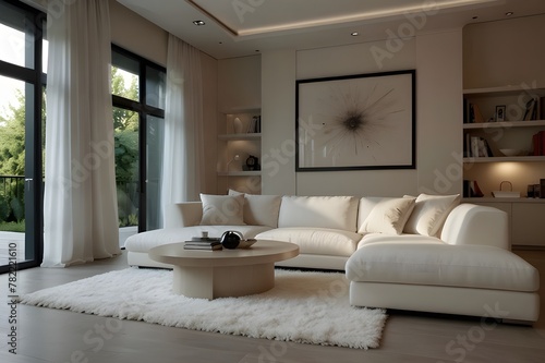 A cozy living room with a total white color scheme, featuring plush white sofas, a fluffy white rug, and a sleek white coffee table. © Afamjay
