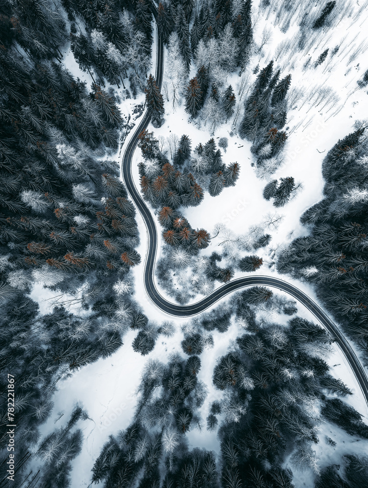 Aerial view of a winding road through a forest in winter