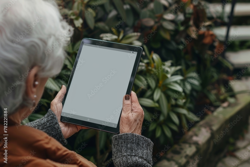 Display mockup from a shoulder angle of a senior citizen woman holding an ebook with a completely grey screen