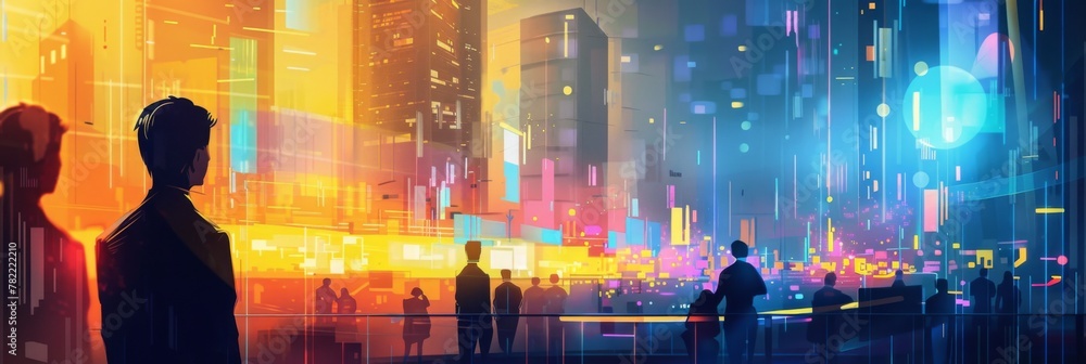 Vibrant cityscape with silhouetted figures - A digital artwork of a bustling city life scene, complemented by an array of vibrant colors and silhouettes of people