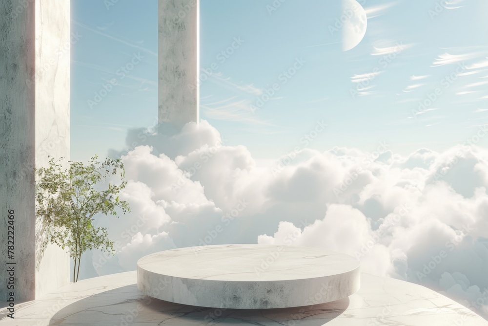 Marble column and platform with clouds - A picturesque scene featuring a white marble platform with a sleek column, surrounded by lush greenery against a cloudy celestial backdrop