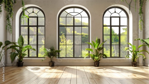 Indoor garden by arched windows and wooden floor - A peaceful interior garden scene with lush green plants by large arched windows on a sunlit wooden floor © Mickey