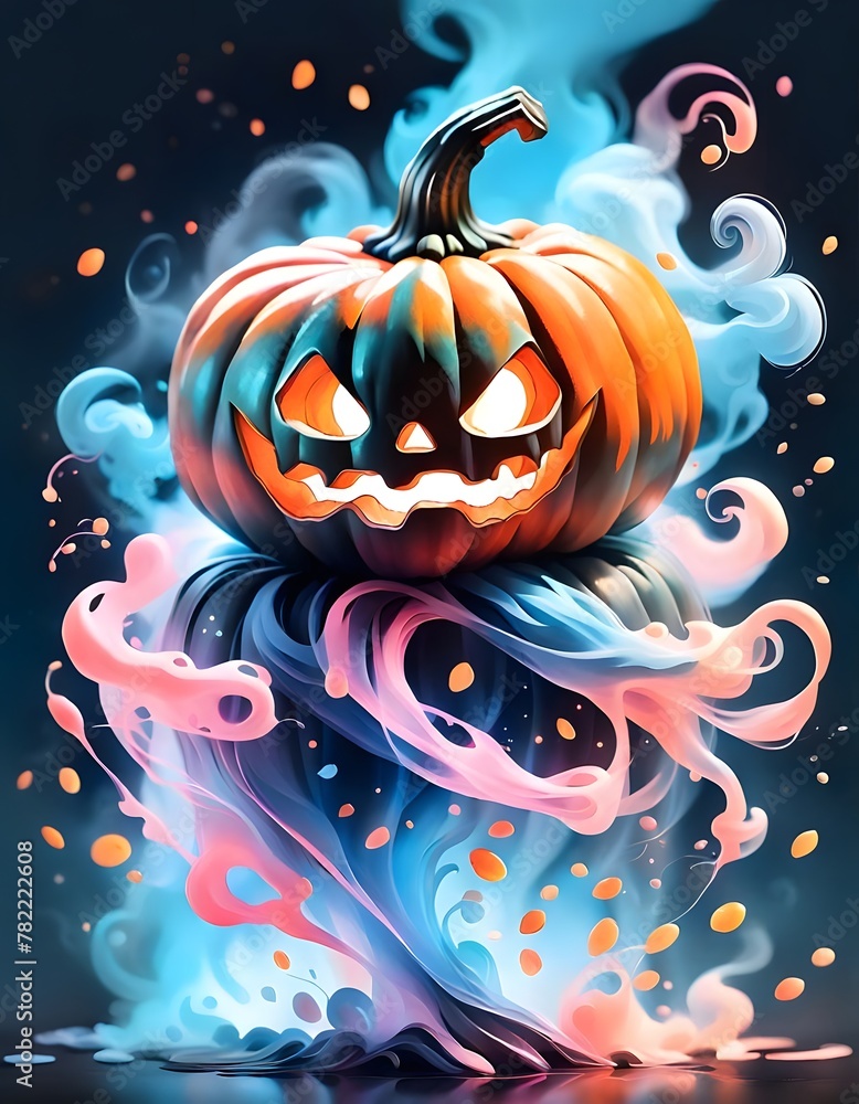smoke painting of a cute halloween pumpkin cartoon, smoke art pumpkin halloween character, smoke ink adorable pumpkin, halloween pumpkin made of smoke, Generative AI