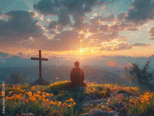 A man with a backpack kneels in front of a cross on a hill at sunset. photo