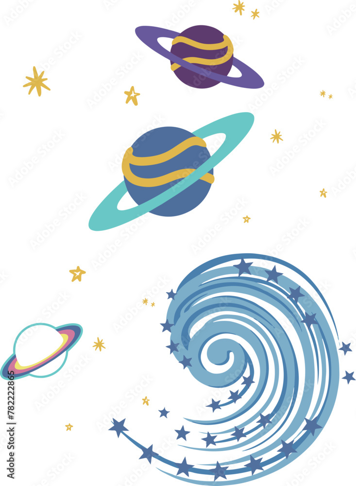 Set of bright cute elements of space - planets, comets, stars, galaxy. Image on a white background, in vector graphics. For the design wallpaper, postcards, posters, wrapping paper, cover.