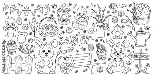 Outline set of Easter elements for spring holiday design. Chicks, rabbits, painted eggs, Easter cakes and other. Vector black and white contour cartoon illustrations perfect for kids coloring book.