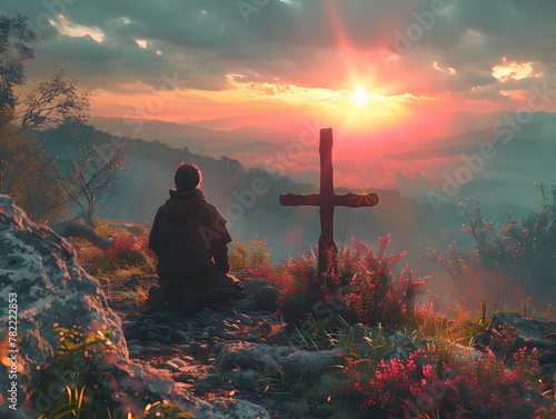 A man with a backpack kneels in front of a cross on a hill at sunset.