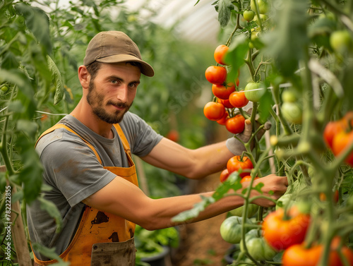 A young farmer harvesting tomato