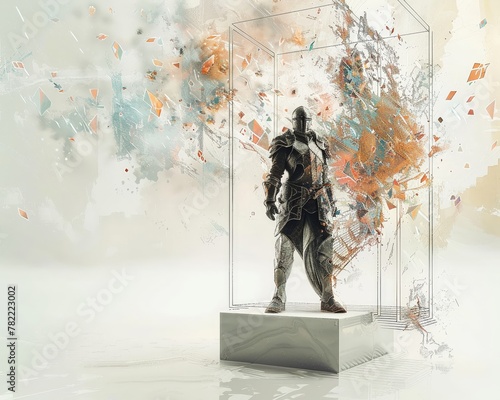 An armored paladin standing in front of an immersive projection cube, the scene depicting a flexible stance amidst flying whimsical elements,  photo