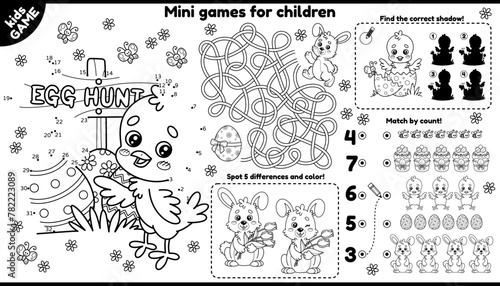 Vector Easter games placement for children. Kids outline set with cartoon chicks, rabbits, painted eggs. Activity mat with maze, connect the dots and color, find differences, coloring book and other.