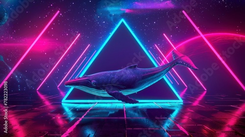 BEAUTIFUL WHALE with a neon triangle background