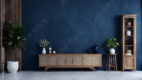 Living room with cabinet for tv on dark blue color wall background photo