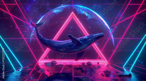 BEAUTIFUL WHALE with a retro neon triangle background
