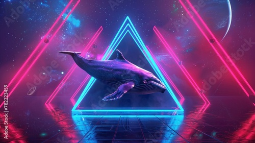 BEAUTIFUL WHALE with a retro neon triangle background in high resolution