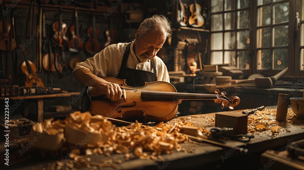 Elderly craftsman in workshop creating a violin with precision and care Elderly craftsman in workshop creating a violin with precision and care