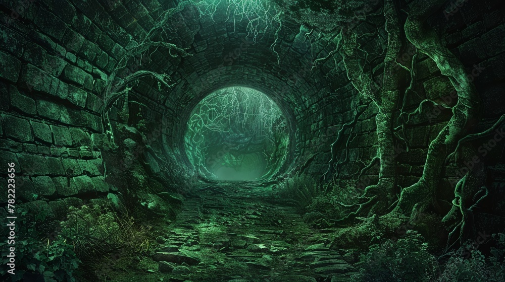 Obraz premium Exploration of haunted tunnels motivating participation in clubs and organizations, adventurous 2D art in a community center