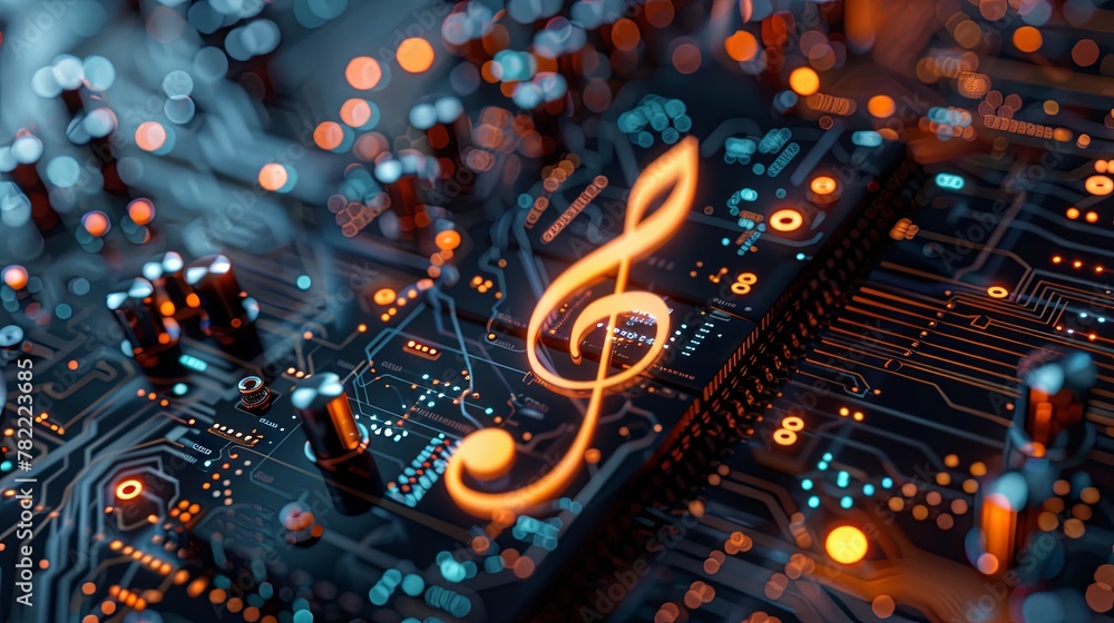 Digital music concept with a treble clef on circuit board background Digital music concept with a treble clef on circuit board background