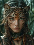 Enchanting Feline-Inspired Portrait of a Mystical Female Character Adorned with Animalistic Jewelry in a Natural Setting