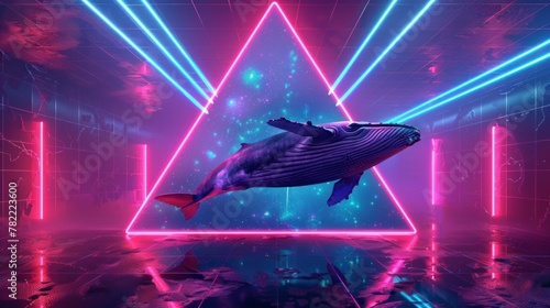 BEAUTIFUL WHALE with a retro neon triangle background in high resolution and quality