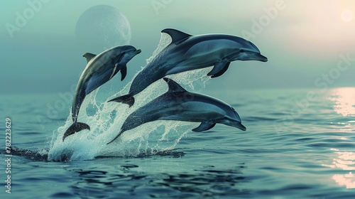 Dolphins guiding the tides  leaping under a silver moon  isolate on soft color background
