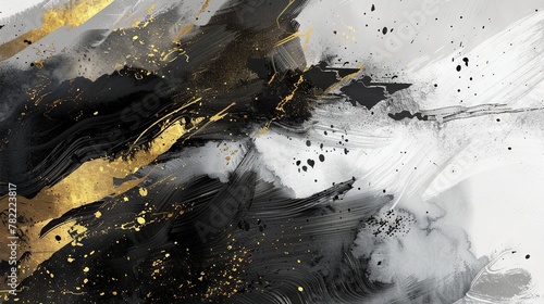 Abstract gold and black ink fusion on white canvas