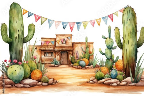 Postcard for Mexico Day, Cinco de mayo with cacti The nature of the Saguaro Cactus Plant in watercolor technique. photo