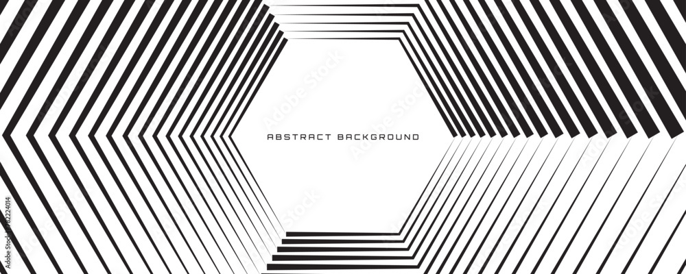 3D black stripes techno background on white space. Tech banner with hexagons style effect decoration. Modern graphic design element. Motion lines concept for web, flyer, card, or brochure cover