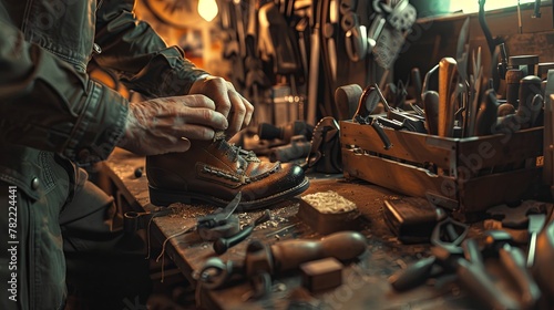 Craftsman repairing a leather shoe in a vintage workshop photo