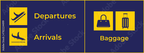 Dark blue colored airport plane departures, arrival, and baggage sign age vector illustration set bundle. Simple flat cartoon object drawing.