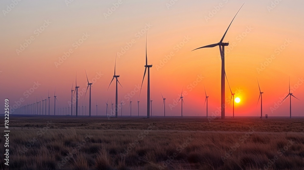 Fototapeta premium As the sun dips below the horizon, a wind farm's turbines capture the last light,