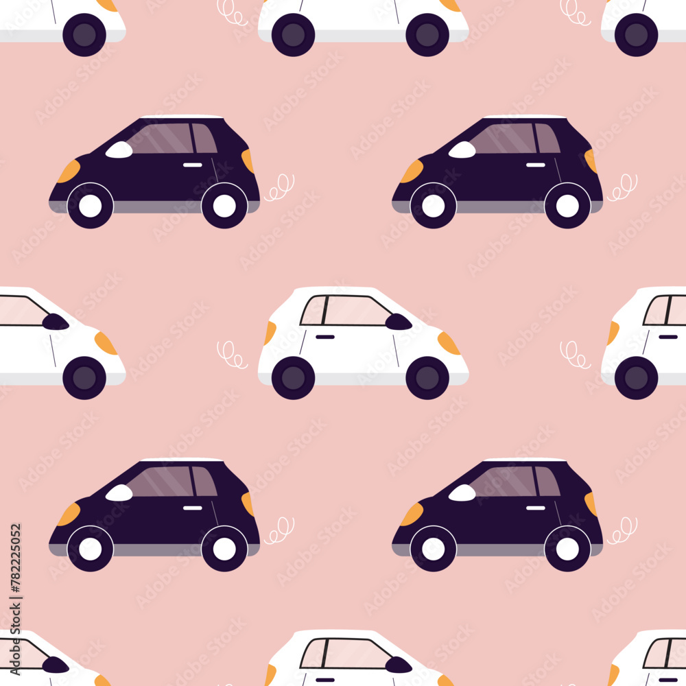 Contemporary children seamless pattern with modern cars in flat style. Endless fun cartoon kids ornament for clothes, fabric, paper, cover, interior decoration.