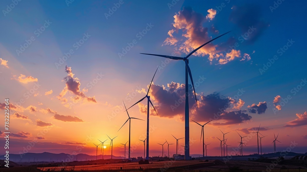 Obraz premium Evening descends on a wind farm, where renewable energy meets the artistry of sunset skies