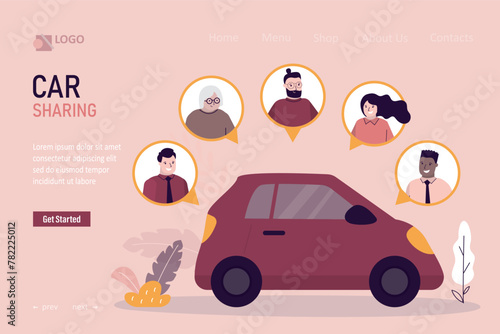 Car sharing, landing page template. Modern car riding on road. Avatars of various drivers users. Sale, rental and leasing cars, automotive services, insurance, car purchase.