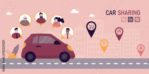 Car sharing, concept banner. Modern car riding on city road. Avatars of various drivers users. Sale, rental and leasing cars, automotive services, insurance, car purchase.