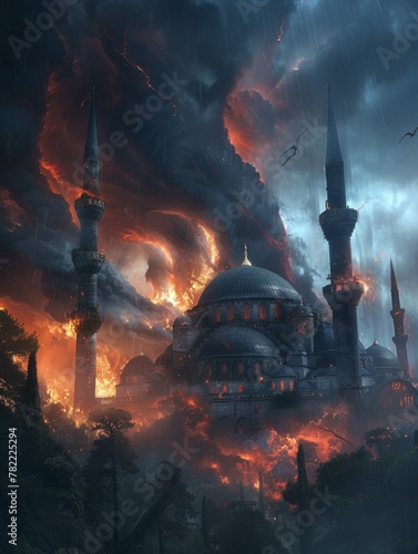 A digital painting of a Hagia Sophia on fire with a stormy sky in the background.