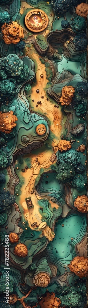 An illustration of a fantasy forest with a river running through it. The forest is full of green trees and brown rocks. There is a path leading through the forest. An illustration of a fantasy forest with a river running through it. The forest is full of green trees and brown rocks. There is a path leading through the forest.