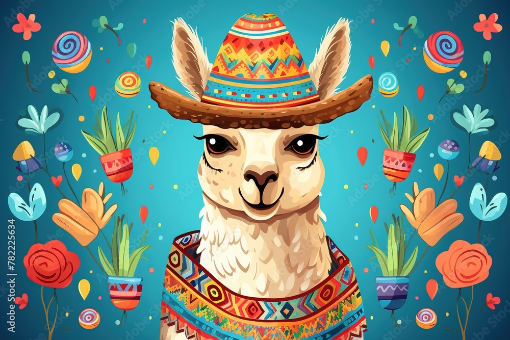 Naklejka premium Portrait of a Lovely Lama. A holiday card. Funny alpaca in a sombrero. A Peruvian animal in a sombrero hat. Happy little lamb. Floral elements. Illustration