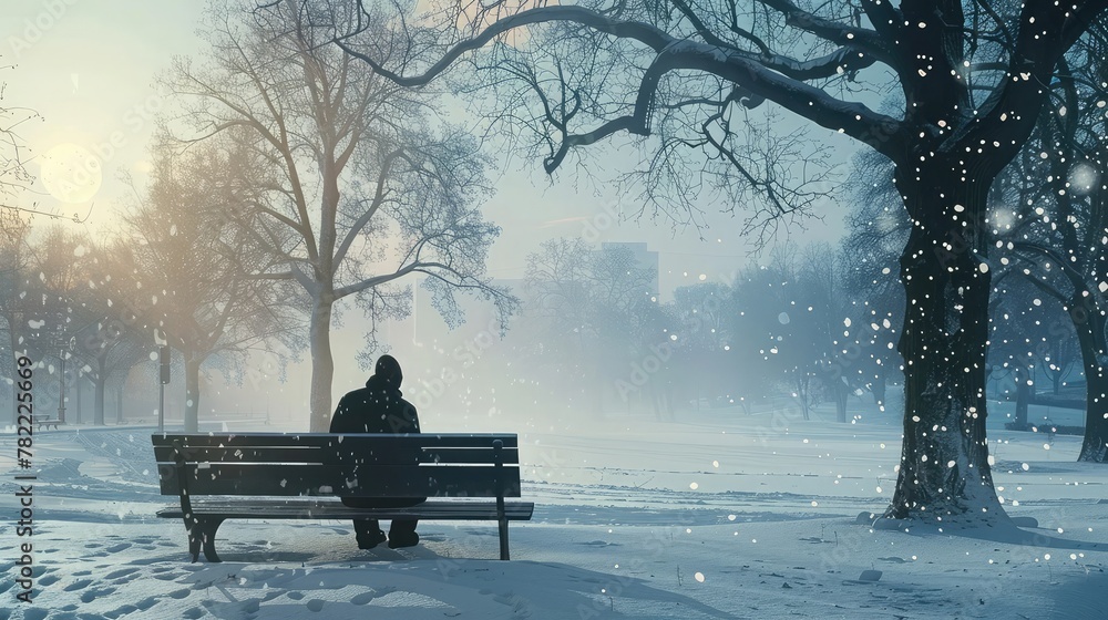 A lone figure sitting on a bench in a snow-covered park, watching the gentle fall of flakes in a winter wonderland,