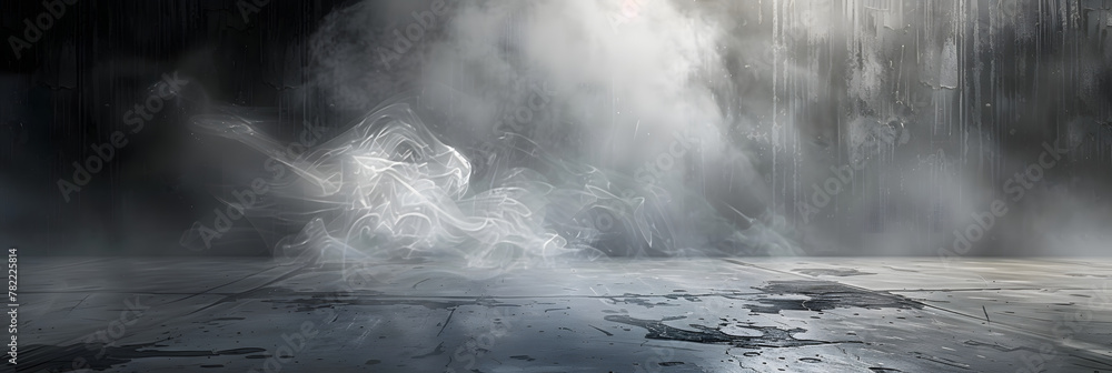 Fototapeta premium Dark concrete floor with mist abstract cement room with smoke ideal for product display. Concept Concrete Background, Abstract Setting, Product Display, Smoke Effects, Dark Aesthetic