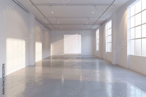 Spacious art gallery with white walls and sunlight - An empty art gallery with expansive white walls bathed in natural sunlight from large windows  ideal for exhibitions