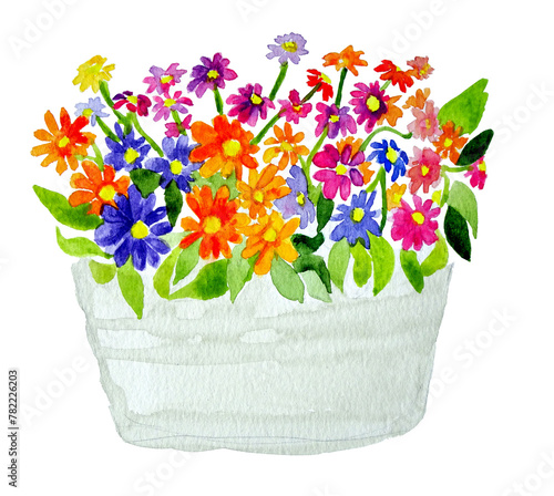 Vaso con tanti fiori multicolore, dipinto ad acquerello photo