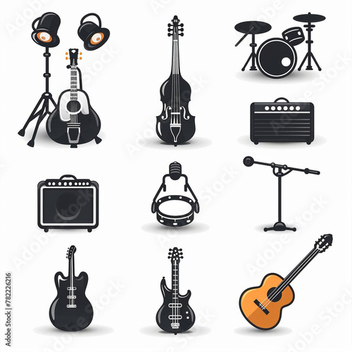 The image features a collection of nine cartoon-style illustrations of musicians playing various musical instruments photo