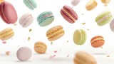 Colorful macaroons or macarons in the air with different filling for sweets and dessert display