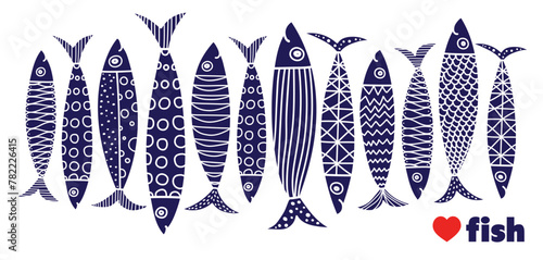 Cute retro  cartoon illustration with  fish on white background. Vector illustration set. Sardine.