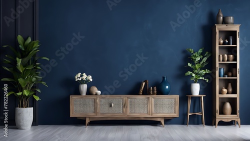 Living room with cabinet for tv on dark blue color wall background